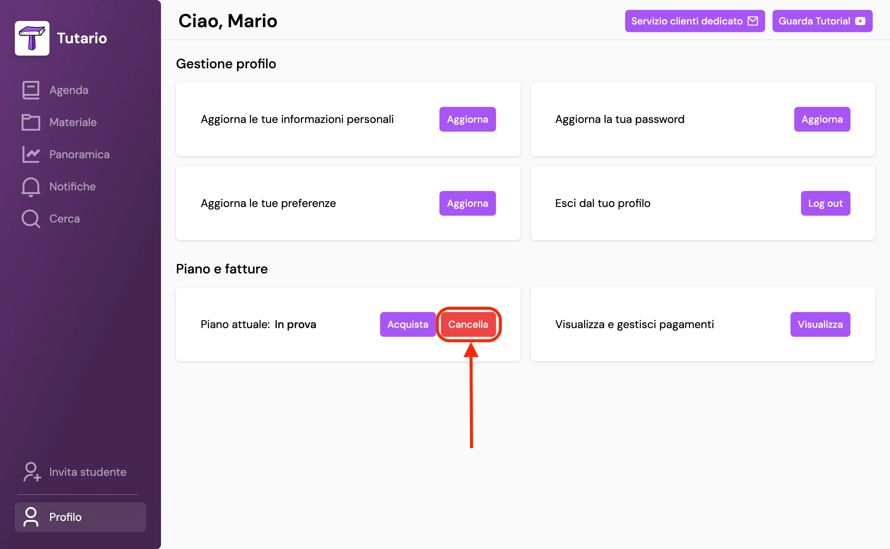 Step 1 della cancellazione del piano