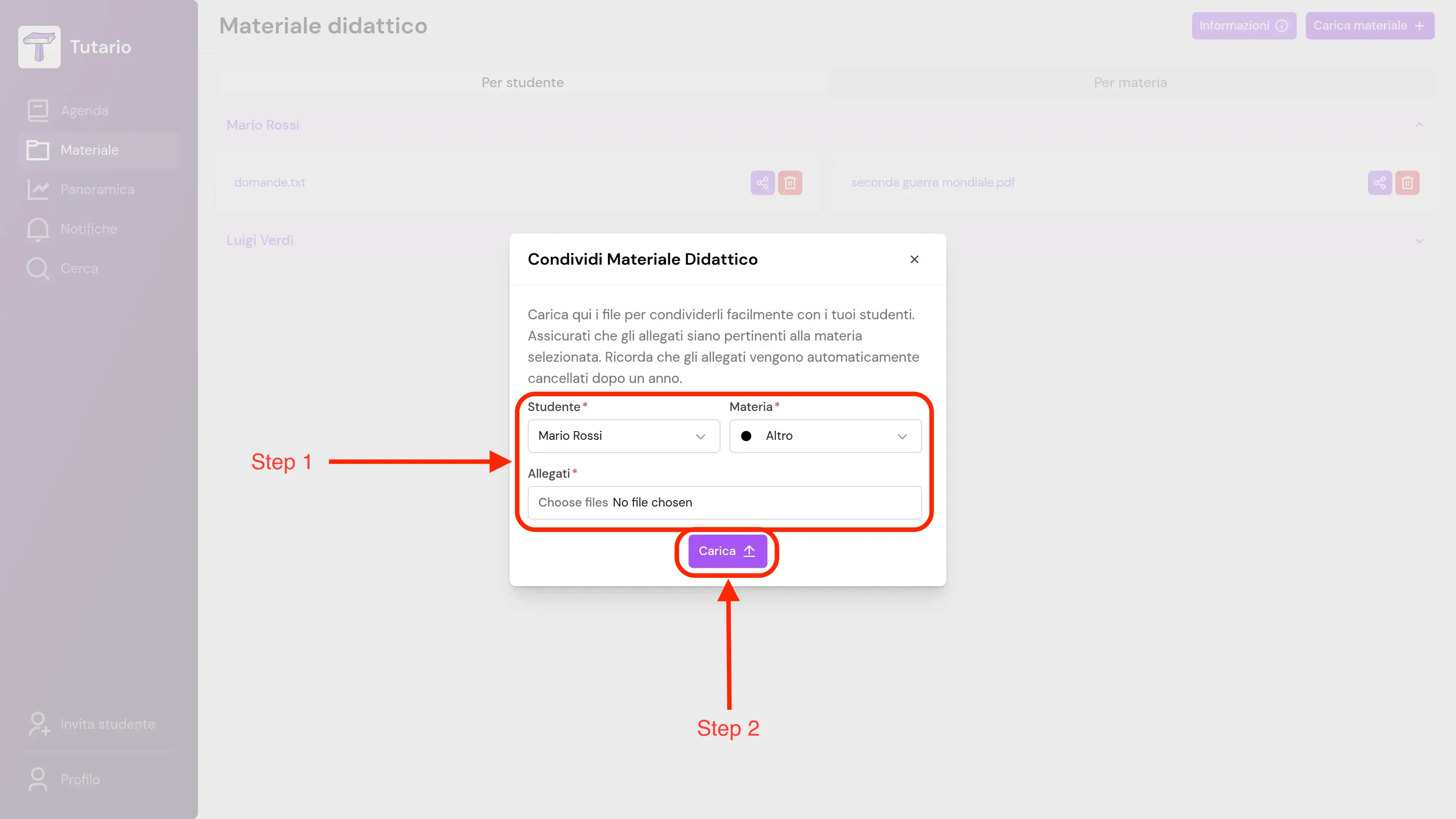 Step 2 del caricamento di allegati