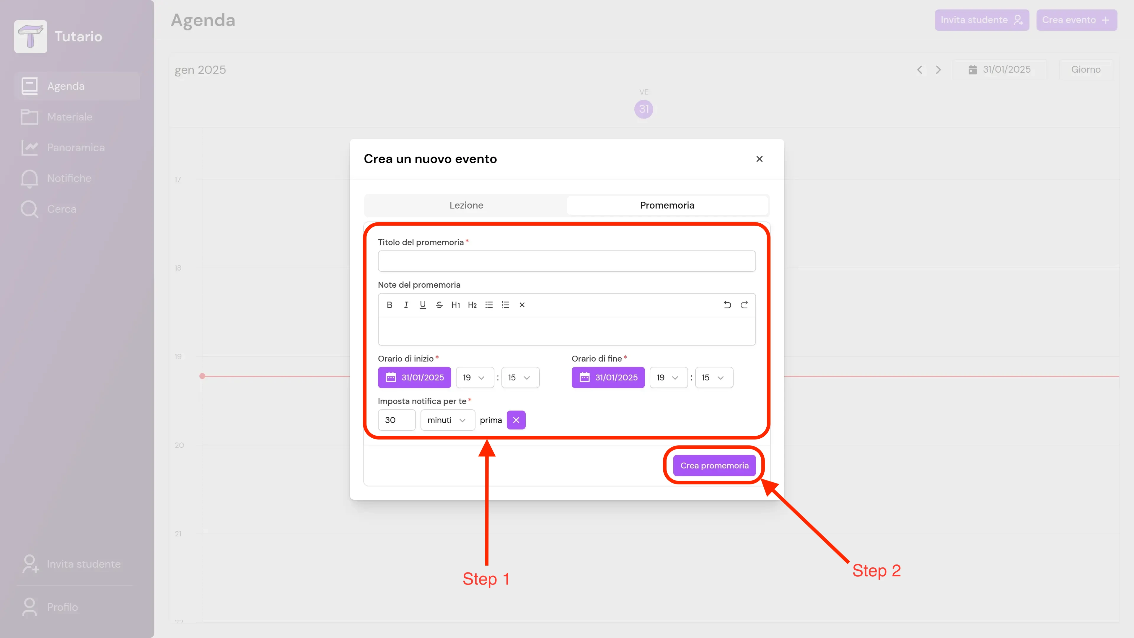 Step 2 della creazione di una promemoria