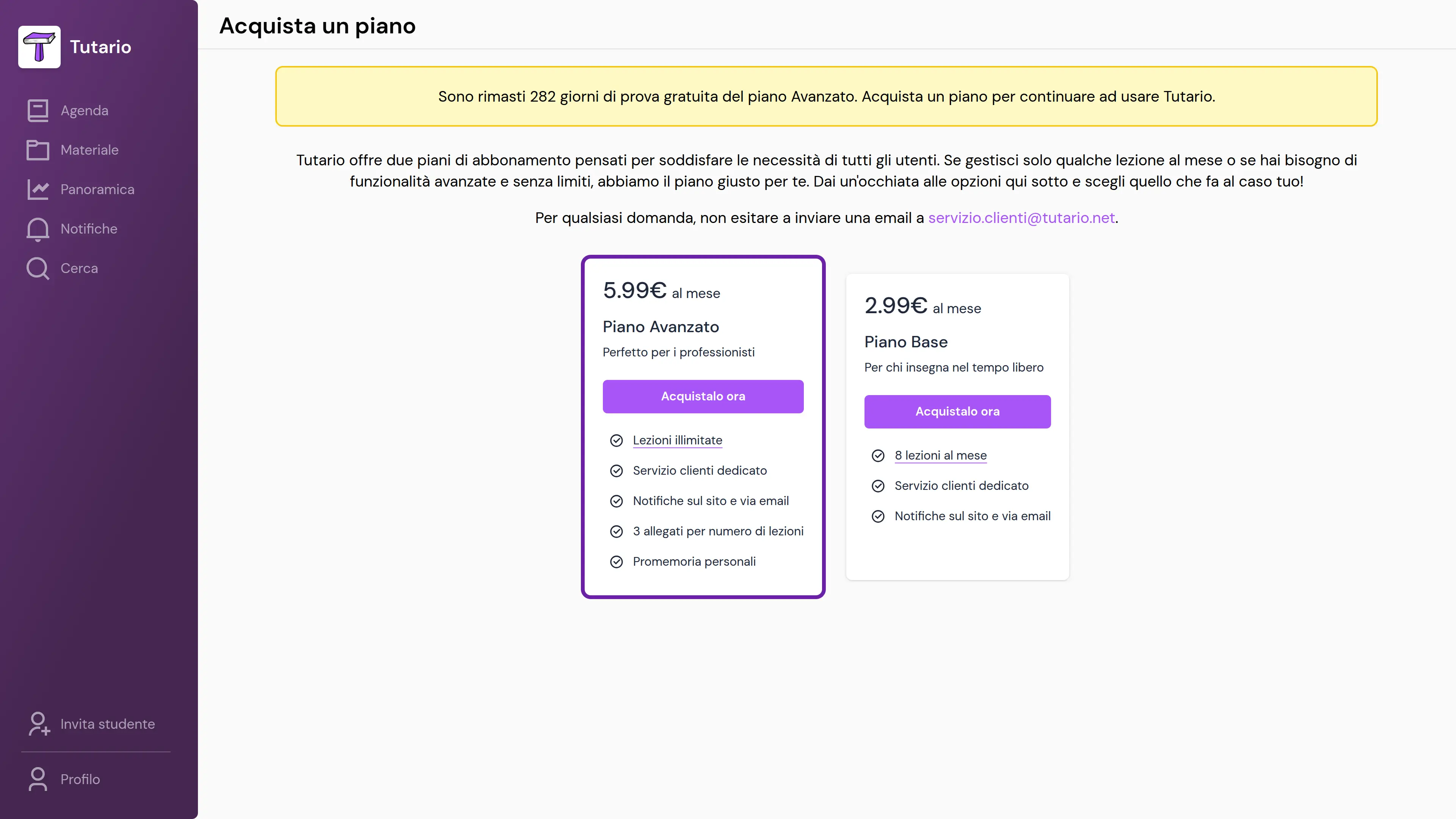 Come si acquista o cambia il tuo piano su Tutario?