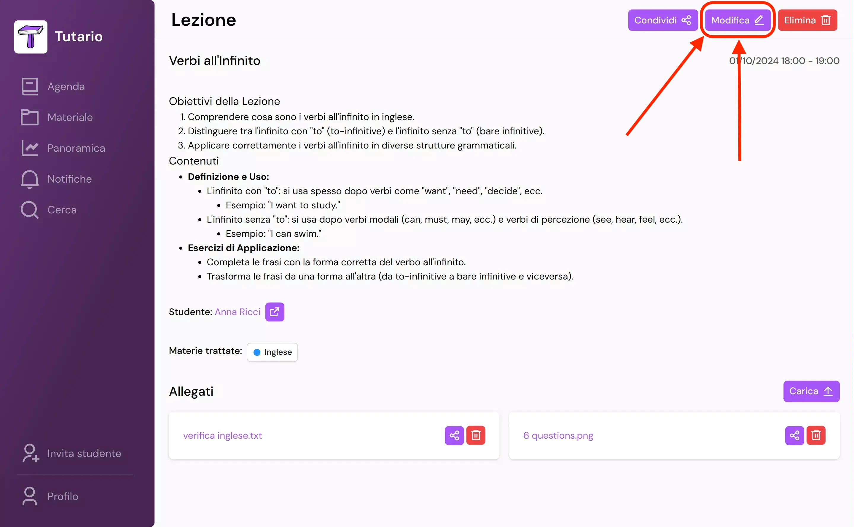 Step 1 della modifica di una Lezione