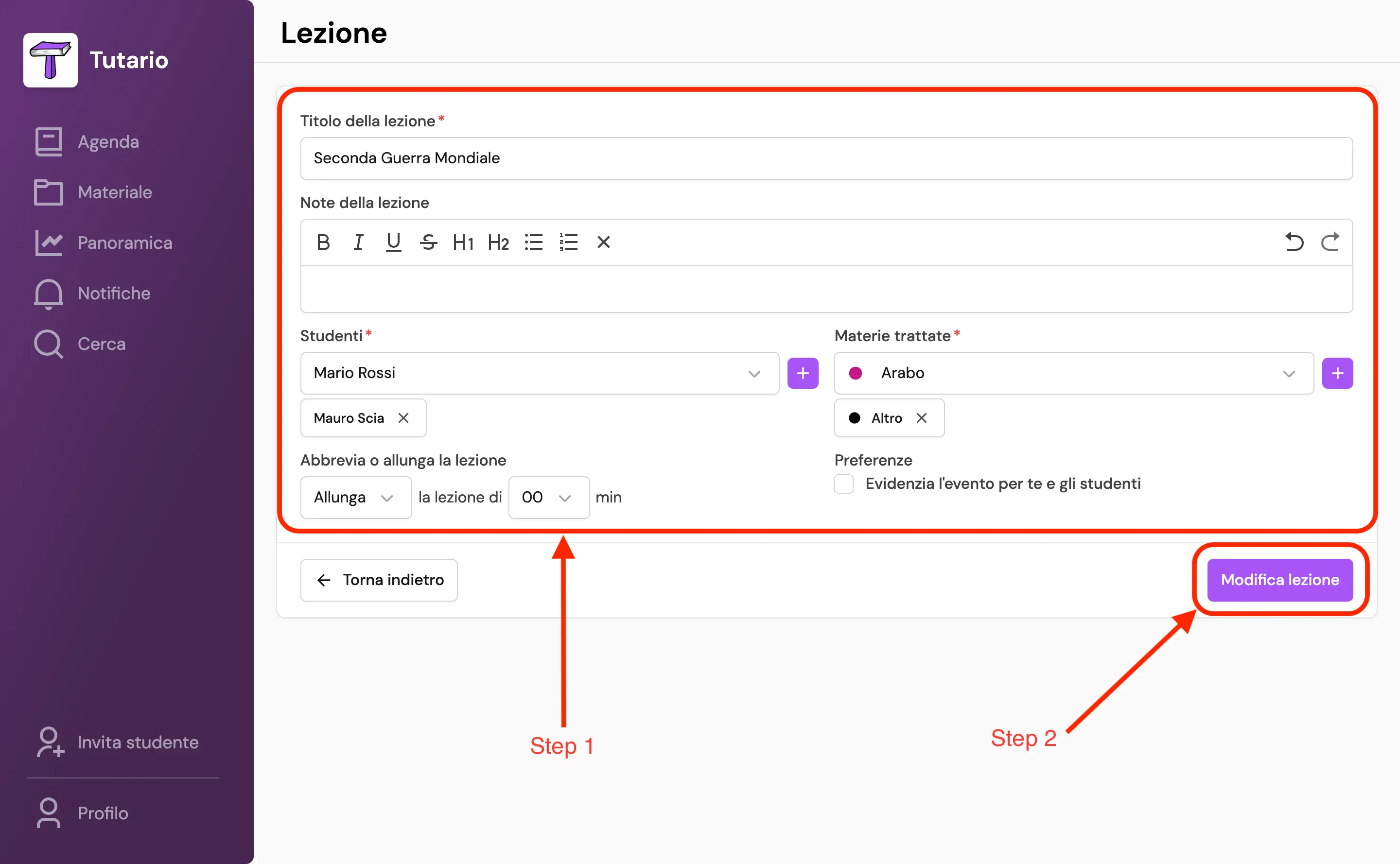 Step 2 della creazione di una Lezione